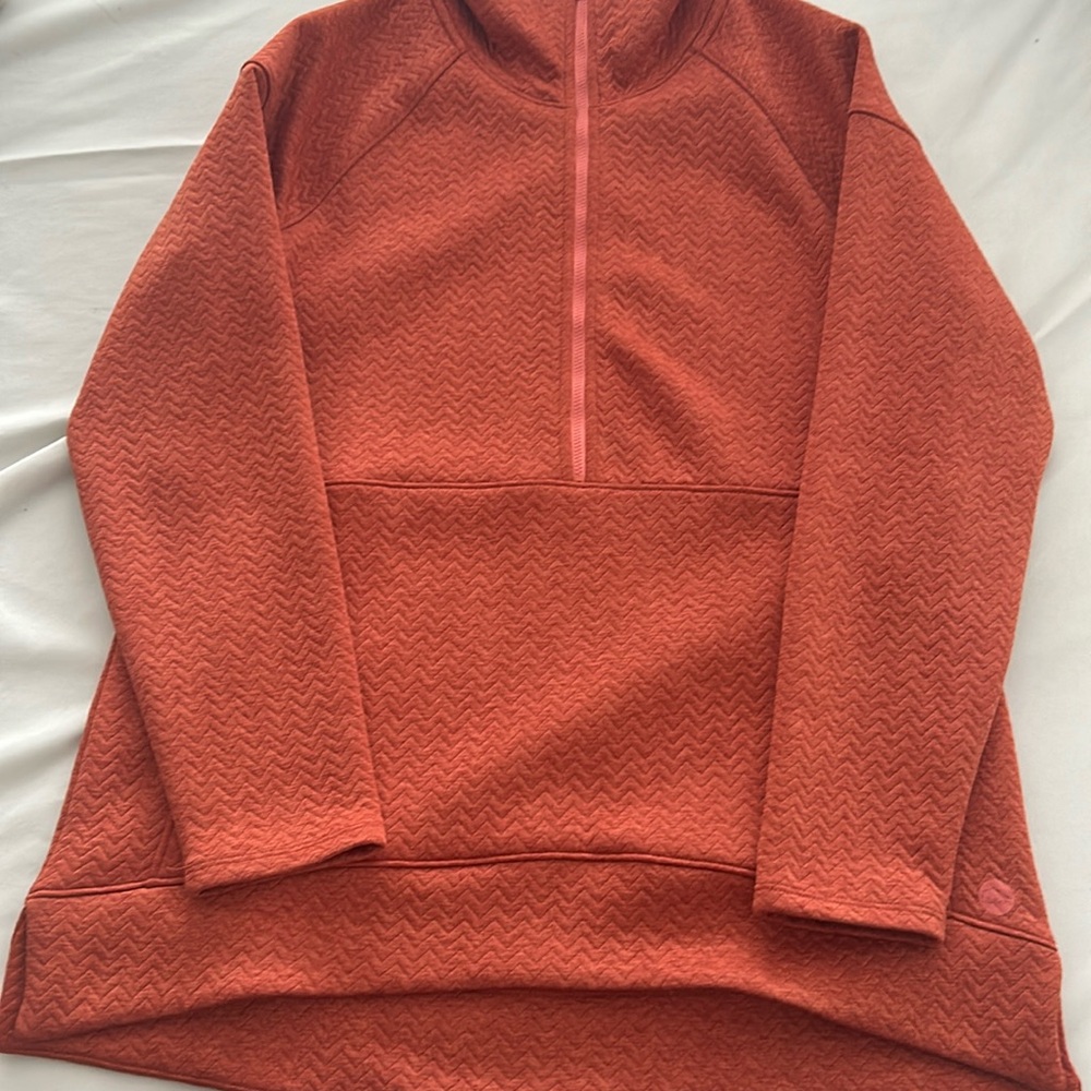 LL Bean women’s medium quarter zip. Runs oversized. Warms but not a sweatshirt.